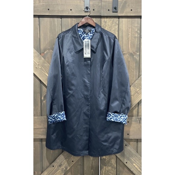 Dennis Basso Trench Coat Rain Jacket Navy Leopard Reversible Womens 3X NWT - Picture 2 of 10